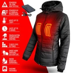 ActionHeat 5V Womens Insulated Puffer Battery Heated Jacket W/ Hood -The Warming Store actionheat 5v battery heated insulated puffer jacket w hood women s pre order ships dec 1st 113