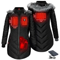 Open Box ActionHeat 5V Heated Long Puffer Jacket W/ Hood - Womens -The Warming Store open box actionheat 5v heated long puffer jacket w hood women s 865