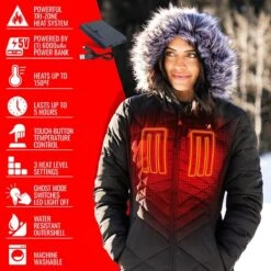 Open Box ActionHeat 5V Heated Long Puffer Jacket W/ Hood - Womens -The Warming Store open box actionheat 5v heated long puffer jacket w hood women s 867